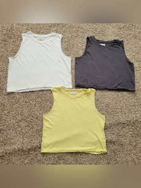 Madewell Raw Edge Hangout Muscle Tank Top Shirt Linen Black White Yellow Small